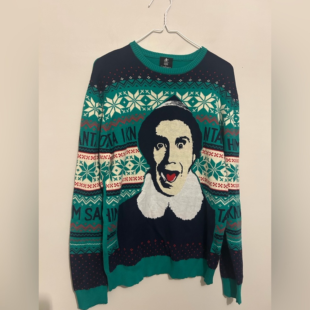 Elf Movie Santa I Know Him Blue & Green Ugly Christmas Sweater Sz L Large